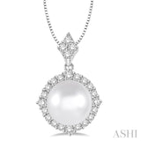 10x10 MM White Cultured Pearl and 1/2 Ctw Round Cut Diamond Pendant in 14K White Gold with chain