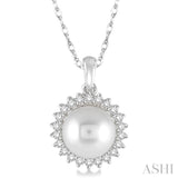 8x8 MM Cultured Pearl and 1/5 Ctw Round Cut Diamond Pendant in 14K White Gold with Chain