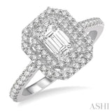 1/2 ct Diamond Ladies Engagement Ring with 1/4 Ct Emerald Cut Center Stone in 14K White Gold