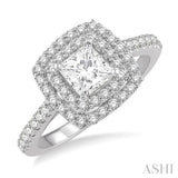 1/2 ct Princess & Round Cut Diamond Ladies Engagement Ring with 1/4 Ct Princess Cut Center Stone in 14K White Gold