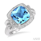 1/20 ctw Cushion Cut 10x10mm Blue Topaz & Round Cut Diamond Semi Precious Ring in Sterling Silver