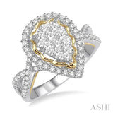 1 Ctw Round Diamond Lovebright Split Shank Pear Halo Engagement Ring in 14K White and Yellow Gold