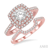 5/8 Ctw Diamond Wedding Set in 14K With 1/2 Ctw Round Cut Double Row Engagement Ring in Rose and White Gold and 1/8 Ctw Wedding Band in Rose Gold